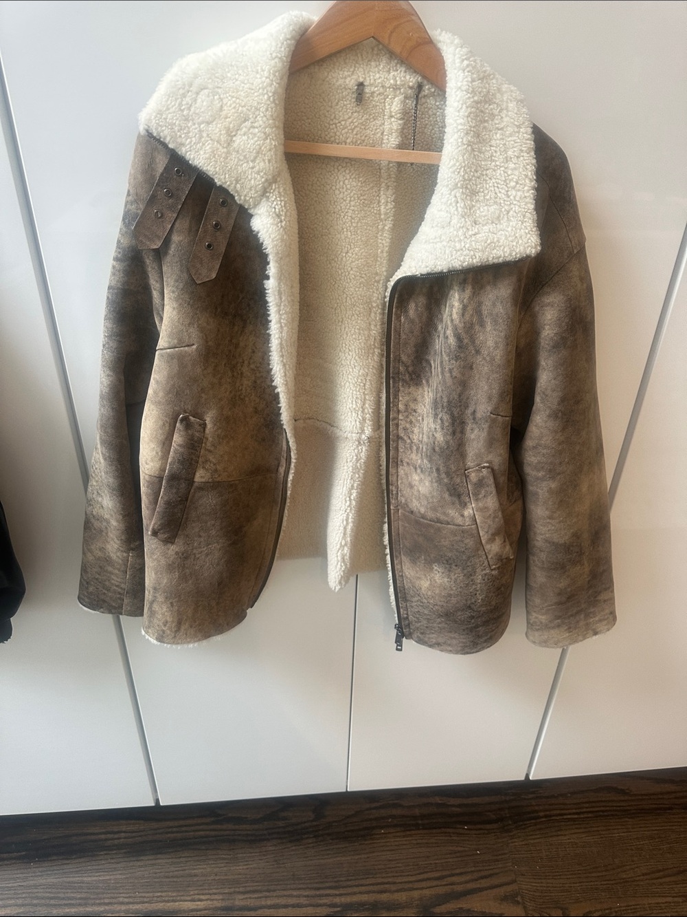 Women's Faux Shearling Aviator Jacket - Brown & Cream